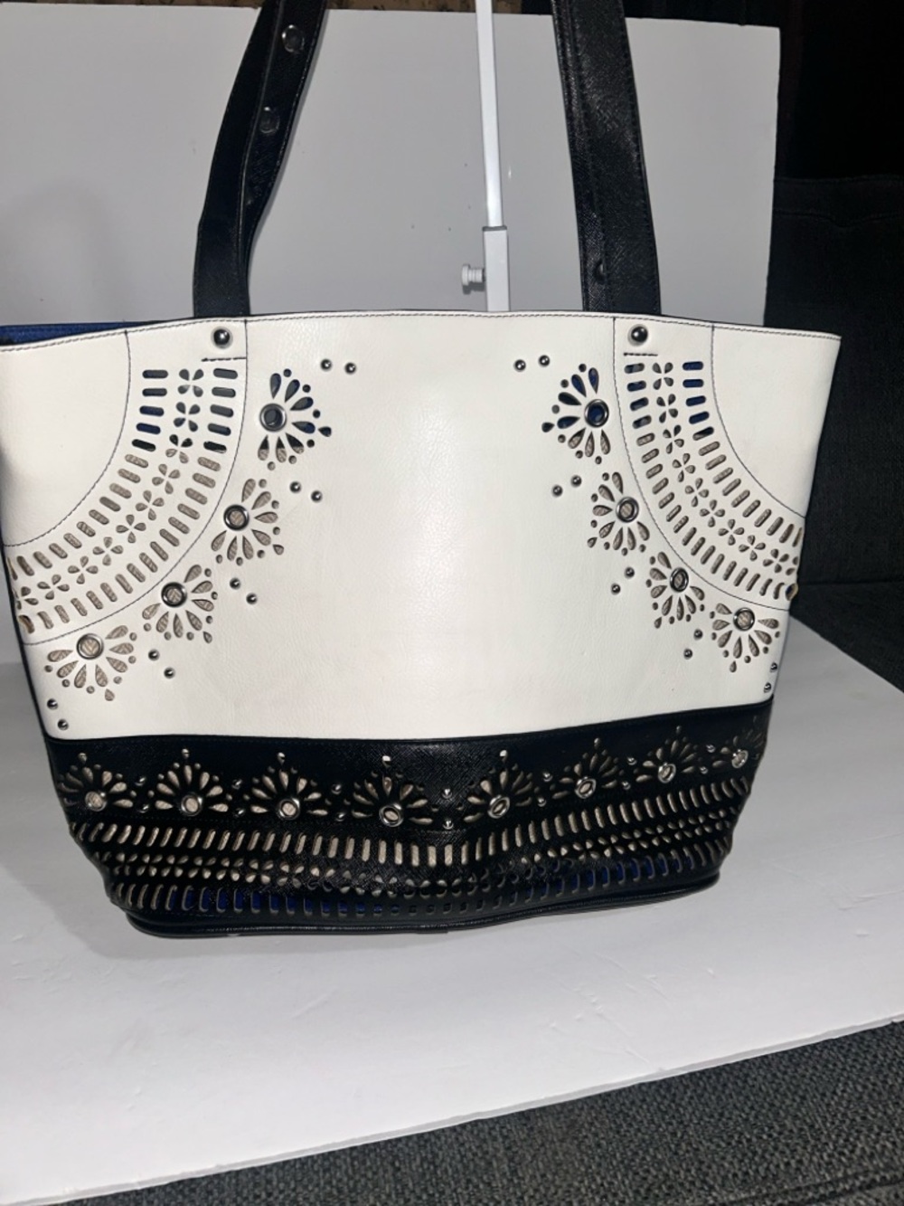Chantal by Sharif Studded Cutout Tote  Black White Boho Western Shoulder Purse